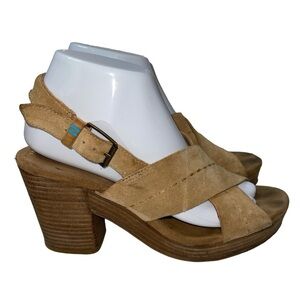 TOMS Women's Sandals Size 8.5 Tan Suede "Ibiza" Platform Buckle Close Open Toe